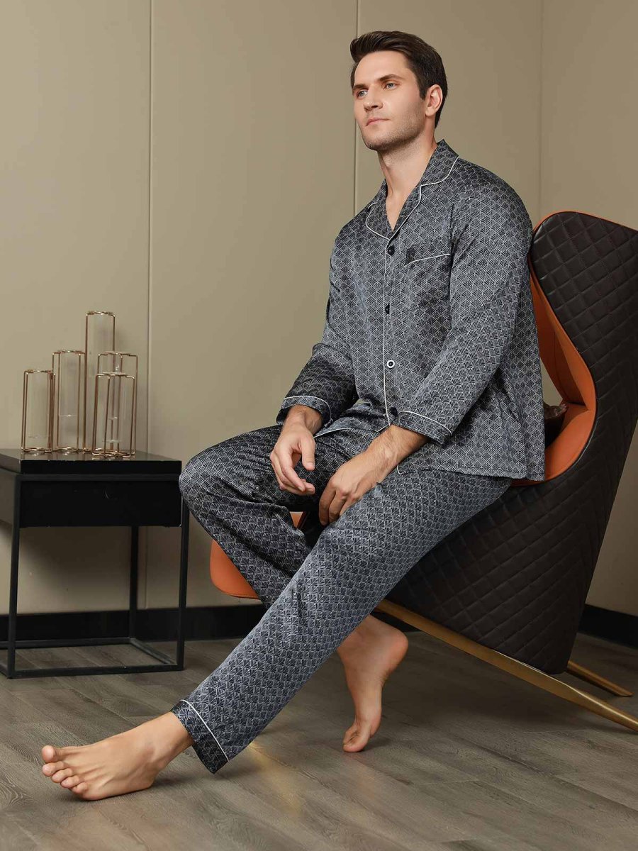 Conjunto De Pijama Para Hombre De Seda Pura Con Estampado De Ginkgo Azul Marino Manga Larga Y Pantalones - Imagen 4