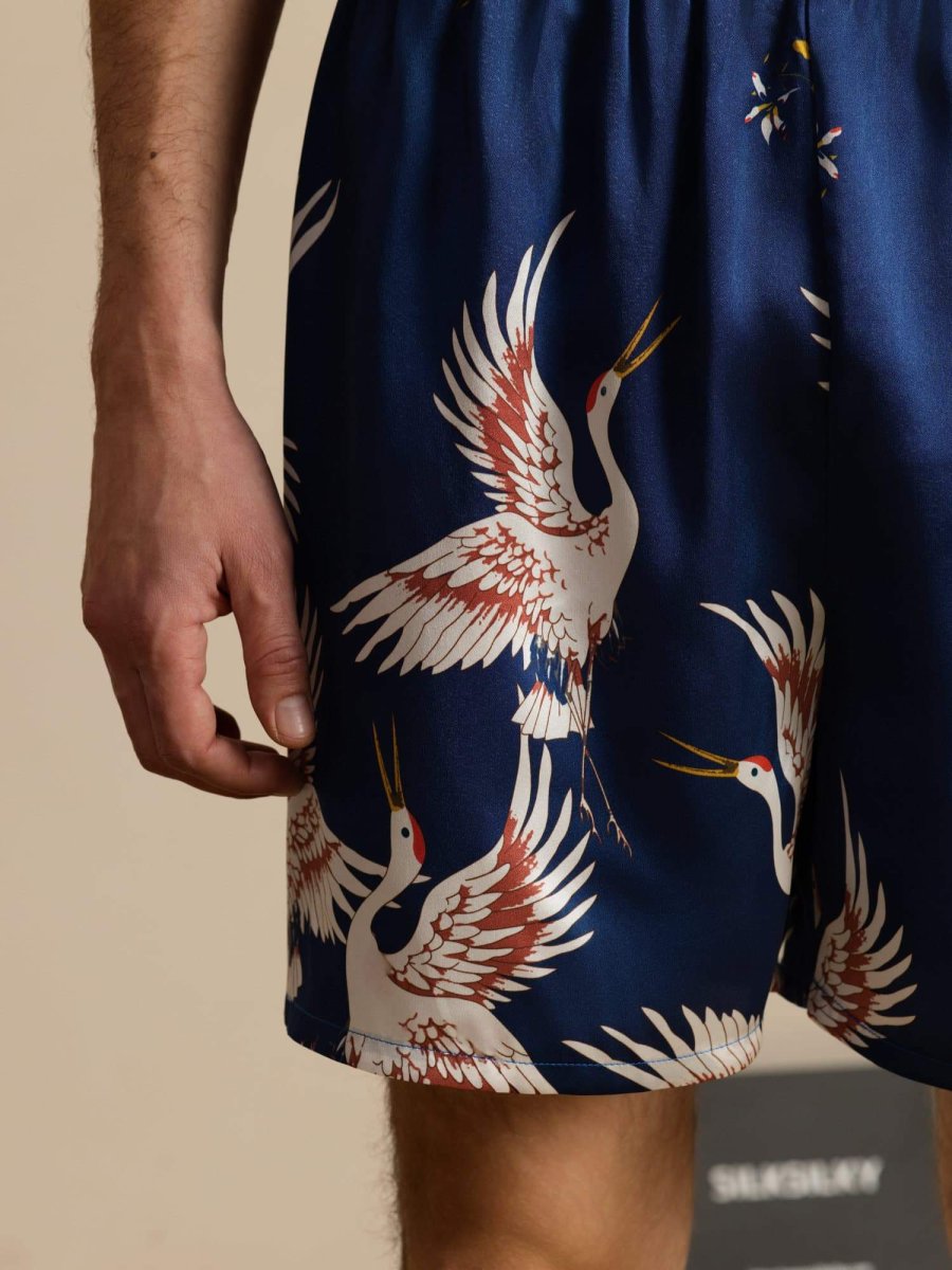 19Momme Seda Pura Pantalones Cortos de Sueño Hombre Estampado Grúa Cintura Elástica - Imagen 5