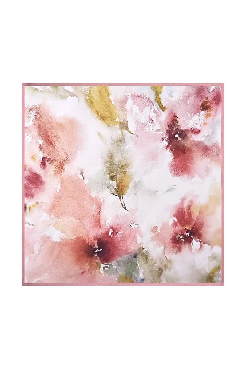 Pañuelo Cuadrado de Seda Pura con Flores y Ribete Rosa 53*53 cm