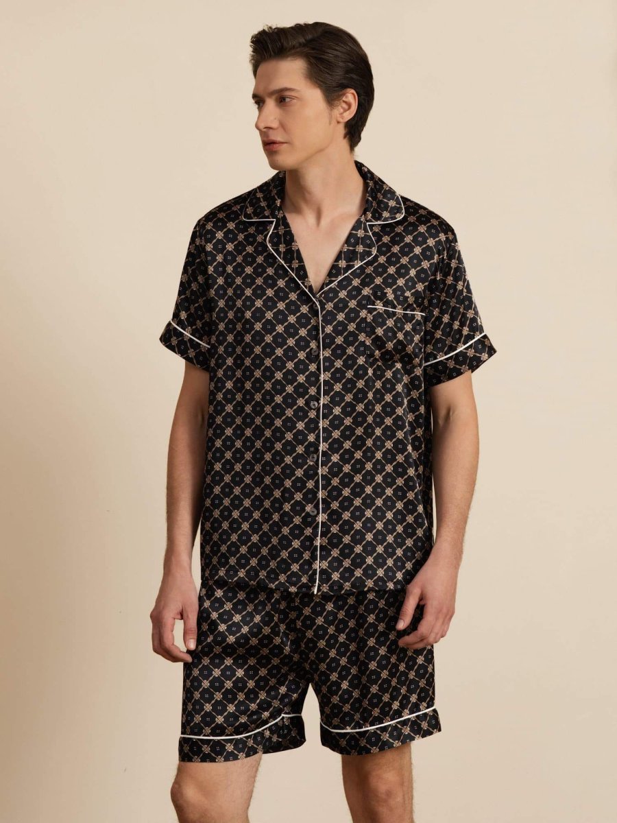 Conjunto Pijama Hombre De Seda Manga Corta Cuello Con Muesca Estampado Cadena Con Shorts - Imagen 9