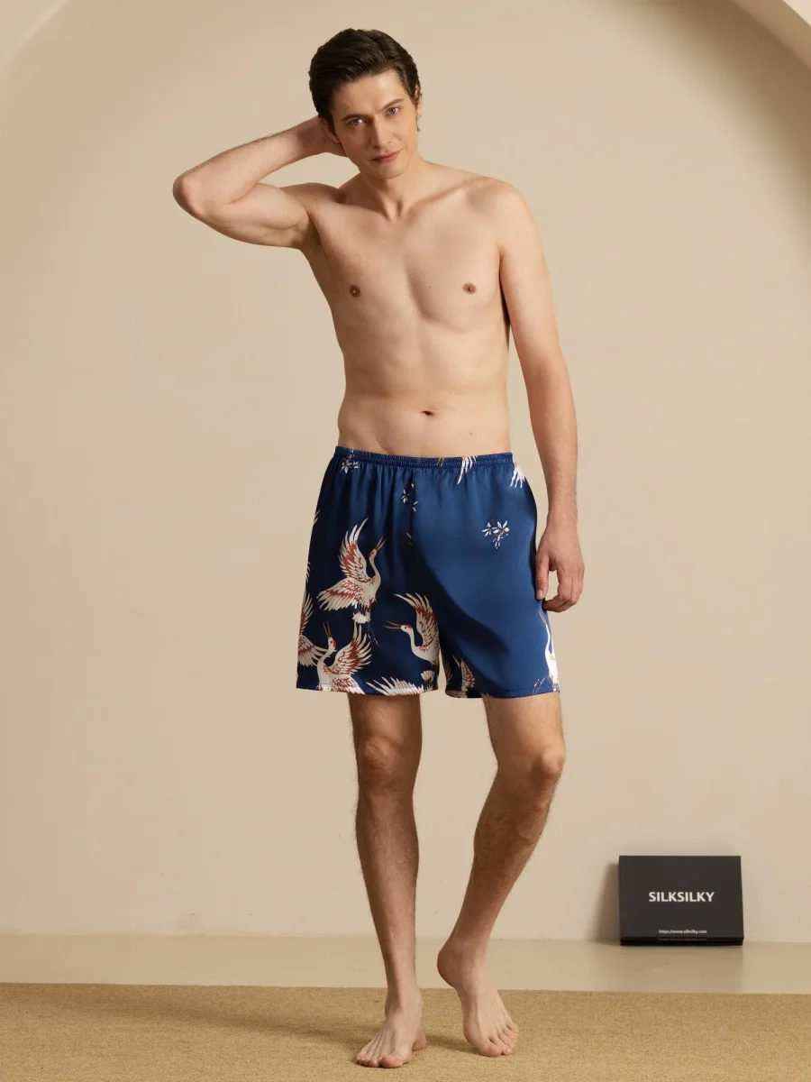 19Momme Seda Pura Pantalones Cortos de Sueño Hombre Estampado Grúa Cintura Elástica - Imagen 7