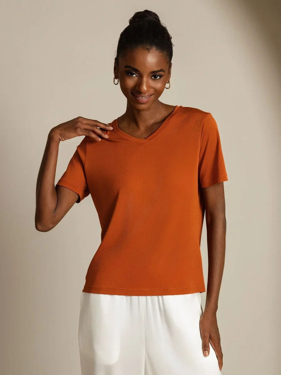Camiseta de Mujer de Seta Pura con Escote en V y Mangas Cortas Resistente a Enganches - Imagen 9
