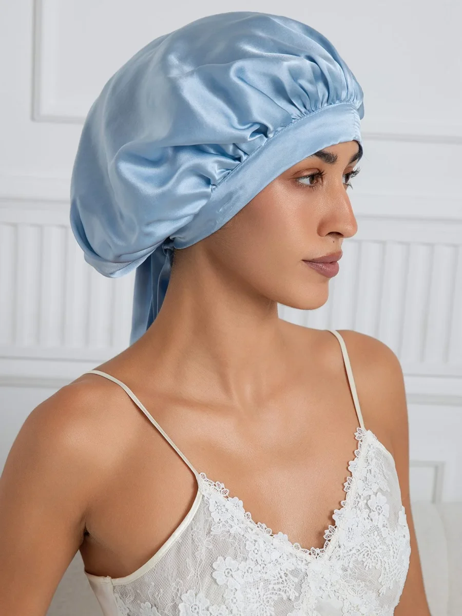 Gorro de dormir elegante de seda pura con cintas largas - Imagen 5