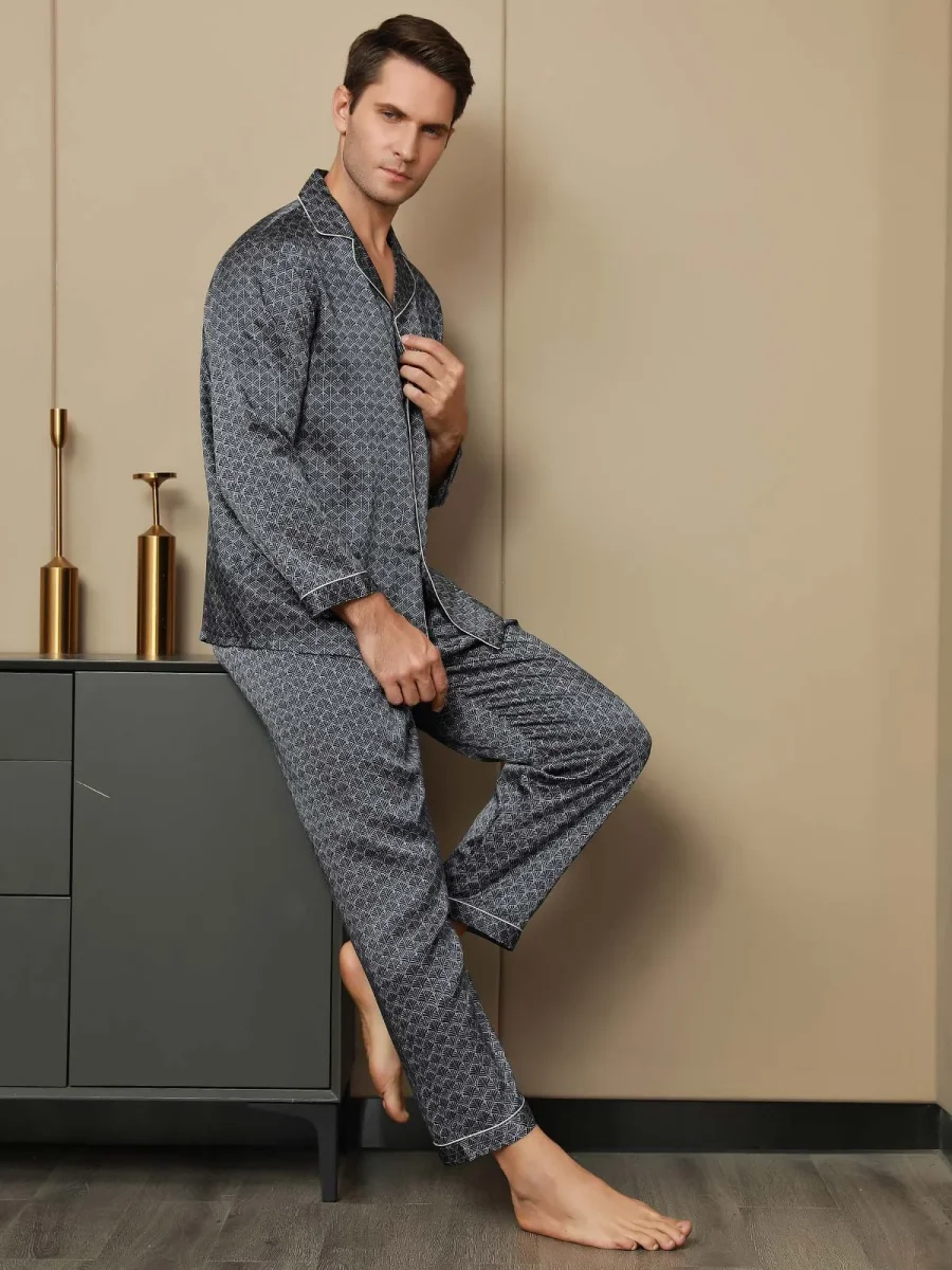 Conjunto De Pijama Para Hombre De Seda Pura Con Estampado De Ginkgo Azul Marino Manga Larga Y Pantalones - Imagen 7