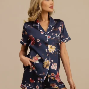 Conjunto De Pijama Mujer De Seda 19 Momme Azul Marino Con Estampado Floral Manga Corta Cuello Con Solapa Con Botones
