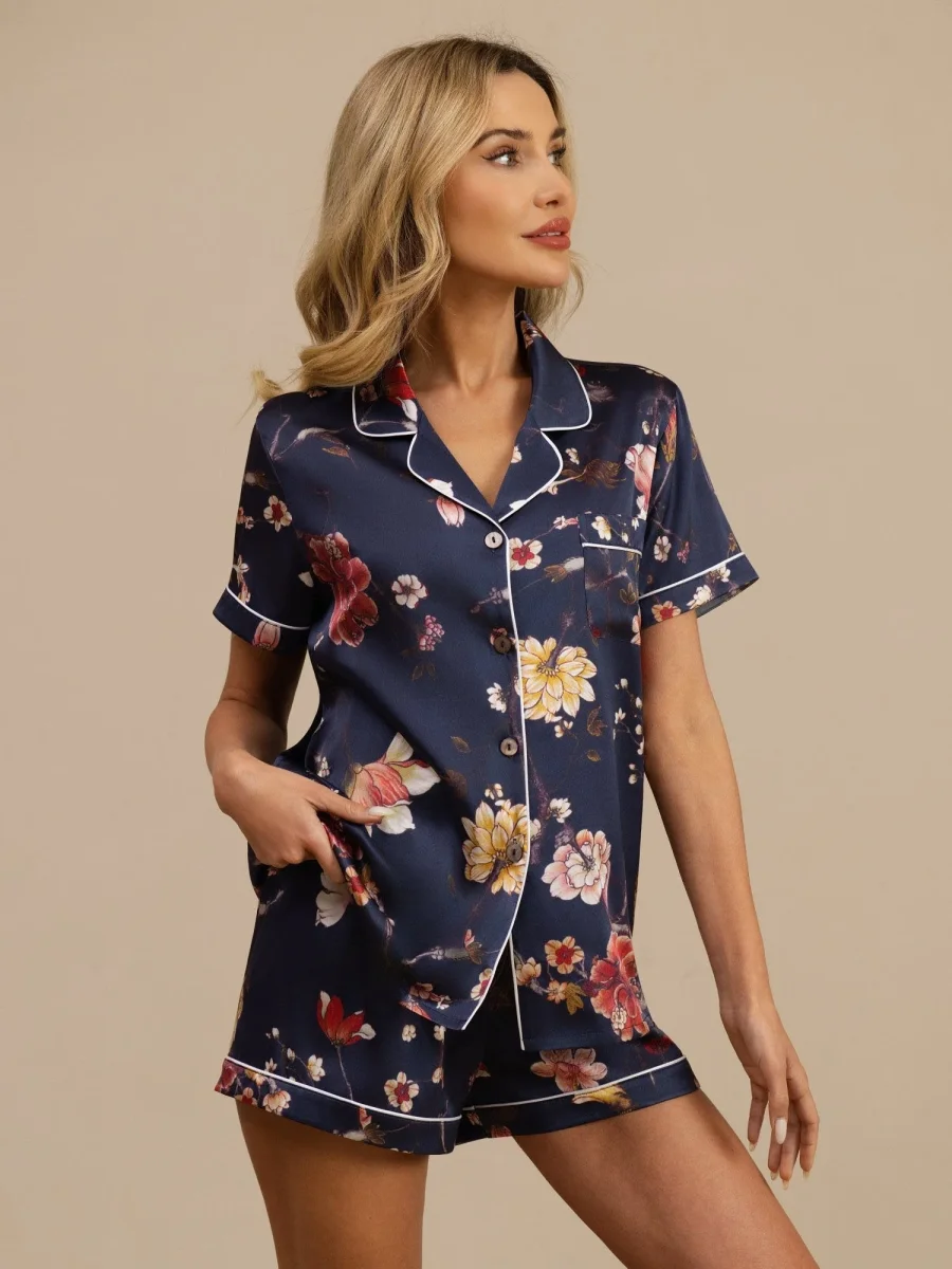 Conjunto De Pijama Mujer De Seda 19 Momme Azul Marino Con Estampado Floral Manga Corta Cuello Con Solapa Con Botones - Imagen 2