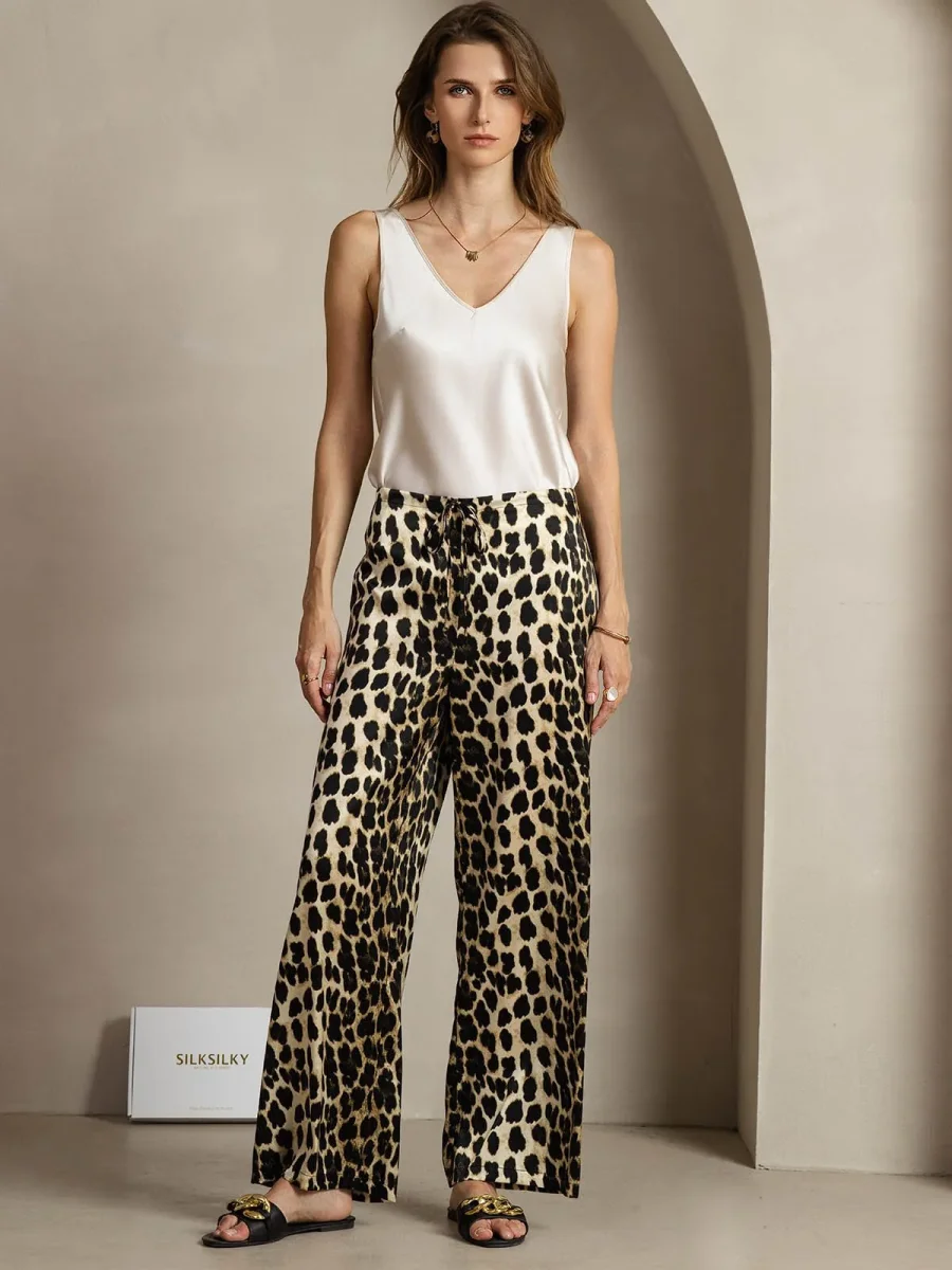 Pantalones Mujer Pierna Ancha De Seda 19Momme Con Estampado De Leopardo Y Bolsillos Laterales - Imagen 5