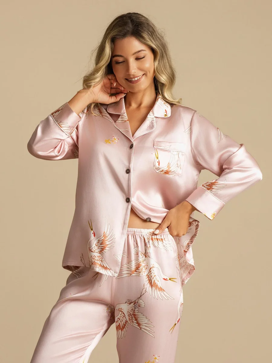 Pijama De Seda Pura 19Momme De Mujer Con Estampado De Grulla Y Cuello Con Solapa De Manga Larga - Imagen 9