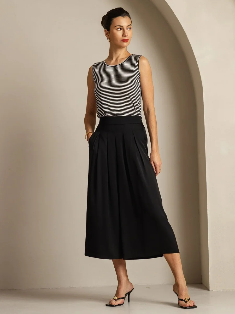 Pantalón Capri Mujer Seda 19Momme Cintura Alta Plisado Pierna Ancha - Imagen 6