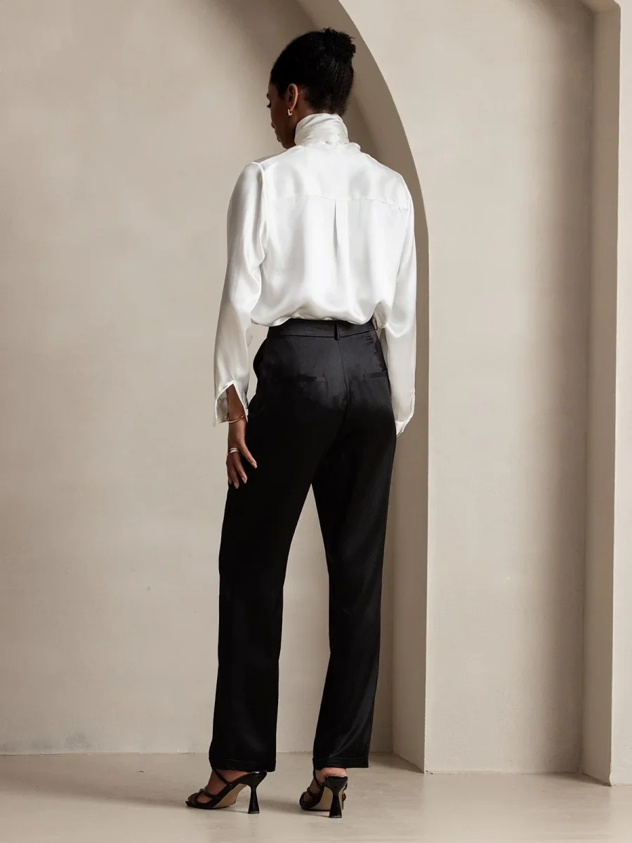 19Momme Pantalones de traje de seda clásicos atemporales rectos - Imagen 5