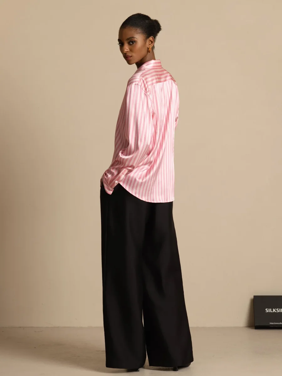Camisa De Mujer De Seda 19 Momme Con Estampado De Rayas Y Cuello De Solapa - Imagen 8