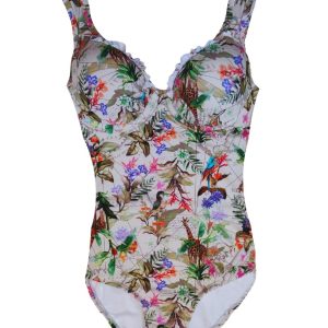 BAÑADOR MARFIL ESTAMPADO CON FAJA INTERNA Y COPA VARILLA EN PECHO
