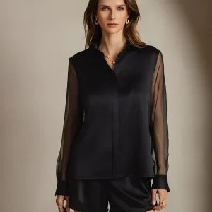 19Momme Seda Militar Cuello Transparentes Mangas Detalles Blusas