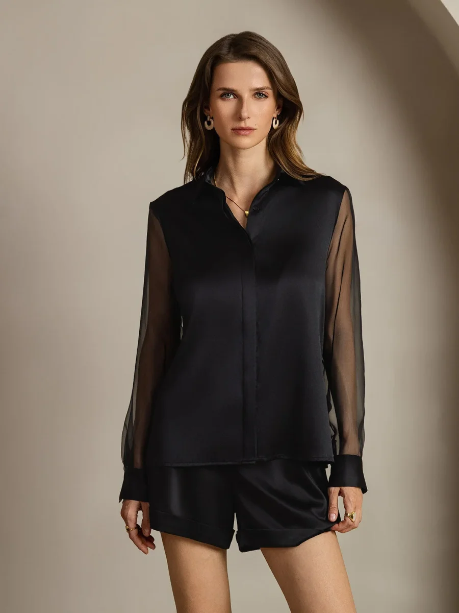 19Momme Seda Militar Cuello Transparentes Mangas Detalles Blusas - Imagen 2