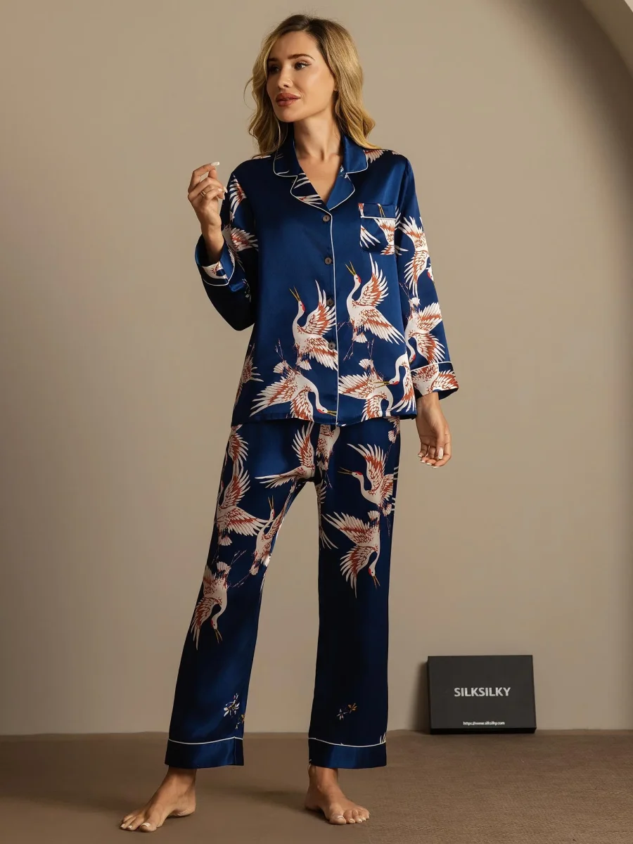 Pijama De Mujer De Seda Pura 19Momme Con Estampado De Grulla Y Manga Larga - Imagen 3