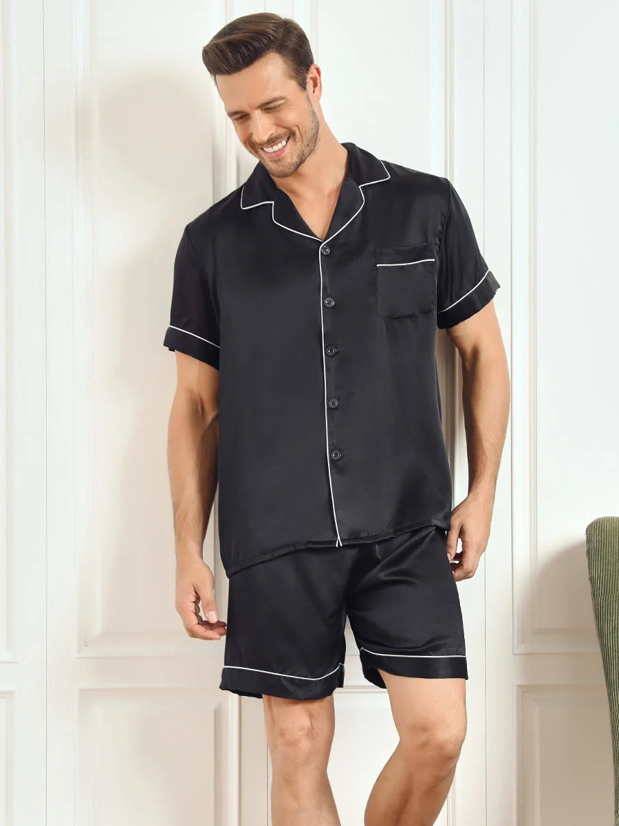 Pijama De Hombre De Pura Seda Con Mangas Cortas Cuello Solapa Y Shorts - Imagen 7
