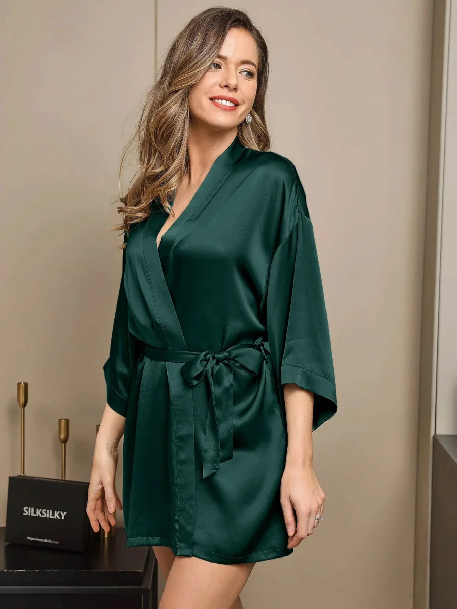 Bata Kimono Corta De Seda Pura Para Mujer Con Diseño Cruzado - Imagen 9