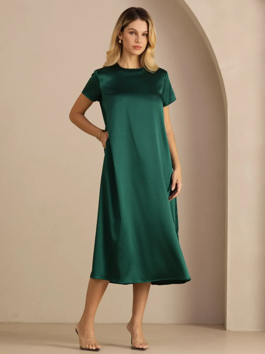 Vestido Midi de Seda de 19 Momme con Cuello Redondo Manga Corta y Bolsillos Laterales - Imagen 4