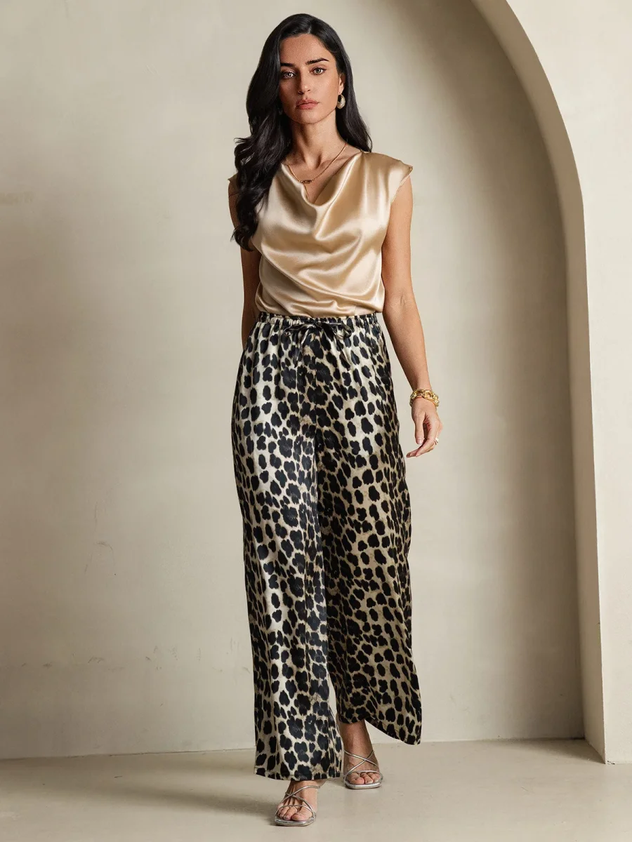 Pantalones De Pierna Ancha De Pura Seda Con Estampado De Leopardo Para Mujer - Imagen 9