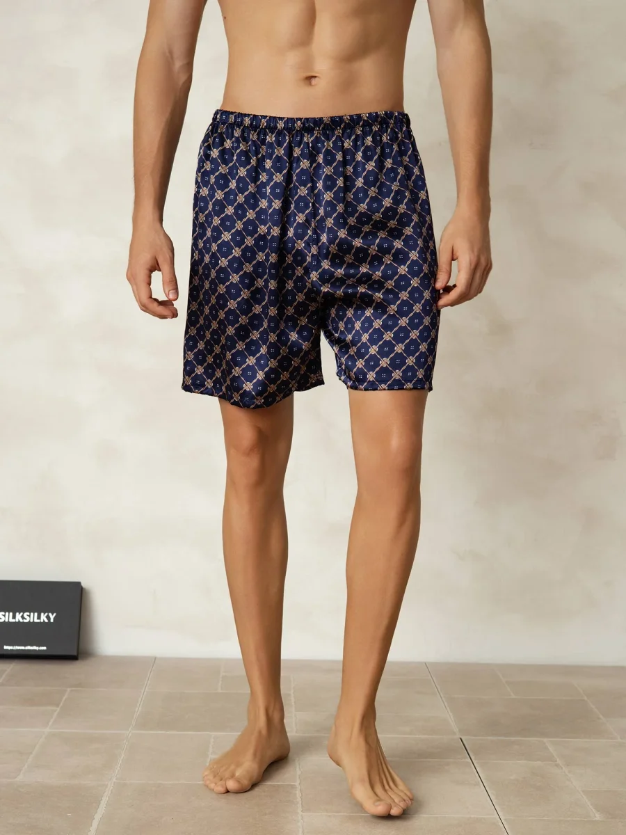Pantalones Cortos De Dormir Para Hombre Pure Silk Cadena Azul Marino Estampado Cintura Elástica - Imagen 7