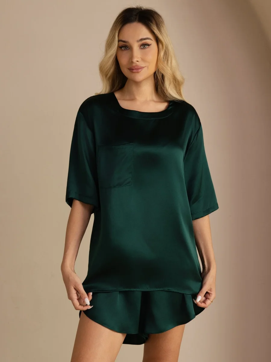 Camiseta informal de seda pura para dormir para mujer (pantalones cortos no incluidos) - Imagen 7
