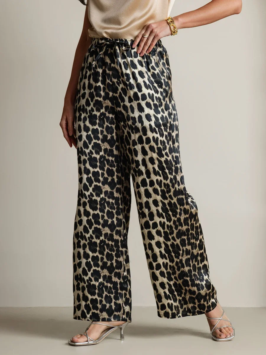 Pantalones De Pierna Ancha De Pura Seda Con Estampado De Leopardo Para Mujer - Imagen 6