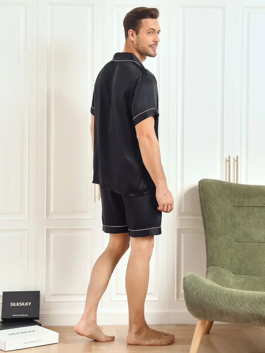 Pijama De Hombre De Pura Seda Con Mangas Cortas Cuello Solapa Y Shorts - Imagen 8