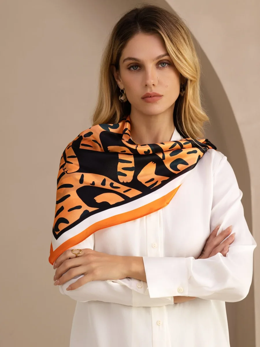 100 Porciento Bufanda De Seda De Morera Con Diseño De Tigre Tamaño 90x90cm - Imagen 6