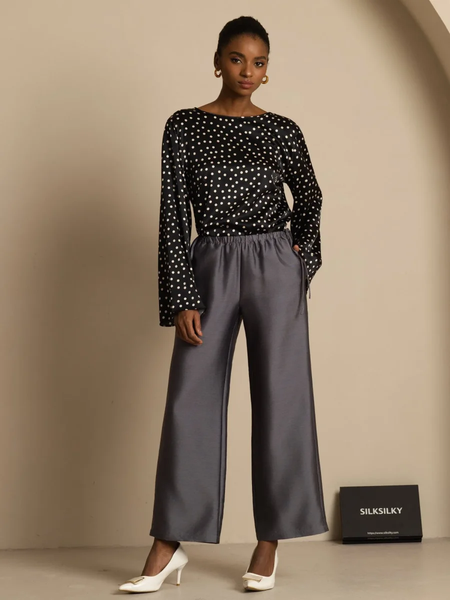 Top De Seda Para Mujer 19Momme Con Estampado De Lunares Mangas Campana Escote Bote - Imagen 9