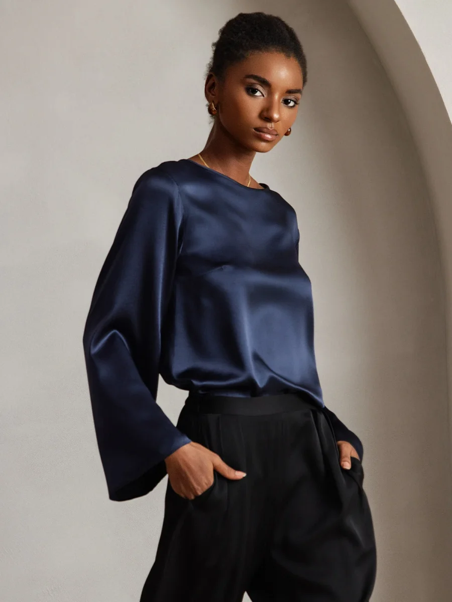 19Momme Seda Relajada Manga Larga Blusa - Imagen 2