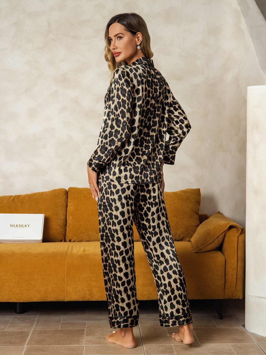 Pijama Mujer Seda Pura Estampado Leopardo Manga Larga Cuello Solapa Con Pantalón - Imagen 3