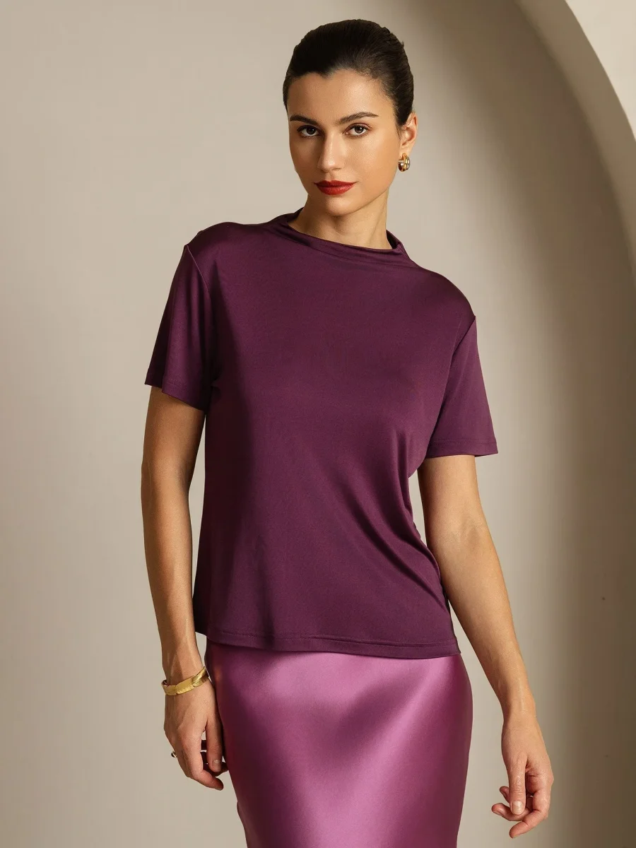 Camiseta De Mujer De Seda Pura Con Manga Corta Y Cuello Mock - Imagen 6
