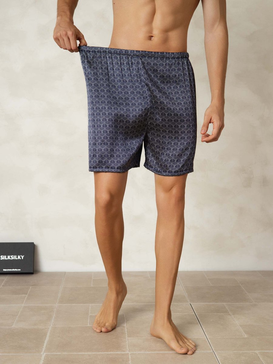 Pantalones Cortos De Dormir Para Hombre Pure Silk Ginkgo Azul Marino Estampado Cintura Elástica - Imagen 4