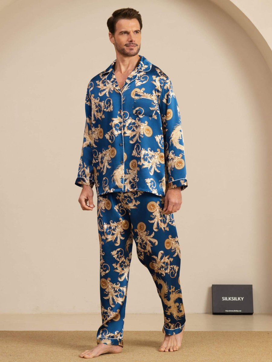 Pure Seda Hombre Estampado Dragón Manga Larga Cuello Notch Conjunto Pijama - Imagen 5