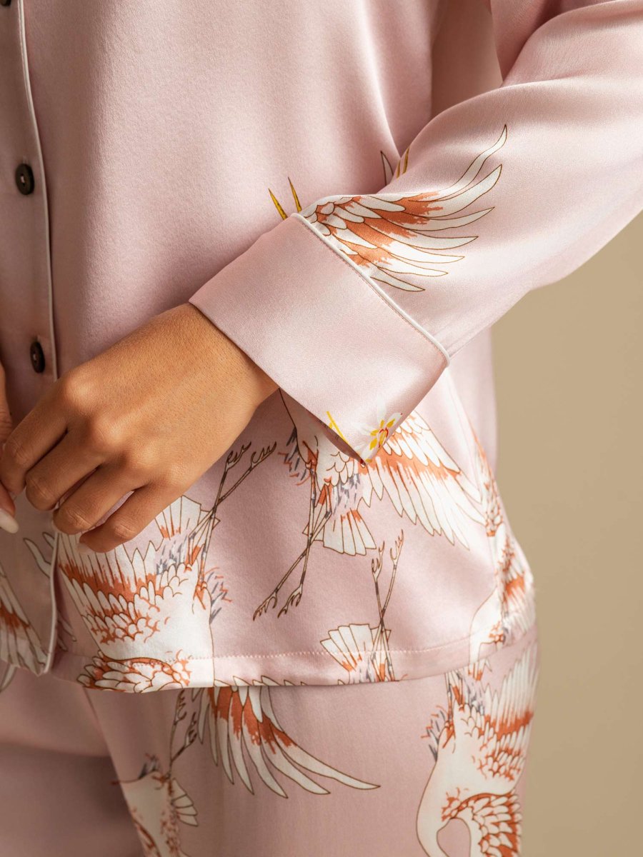 Pijama De Seda Pura 19Momme De Mujer Con Estampado De Grulla Y Cuello Con Solapa De Manga Larga - Imagen 6