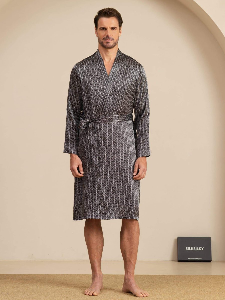 Bata De Hombre De Seda Pura Hasta La Rodilla Con Estampado De Ginkgo Y Cinturón Diseño - Imagen 8