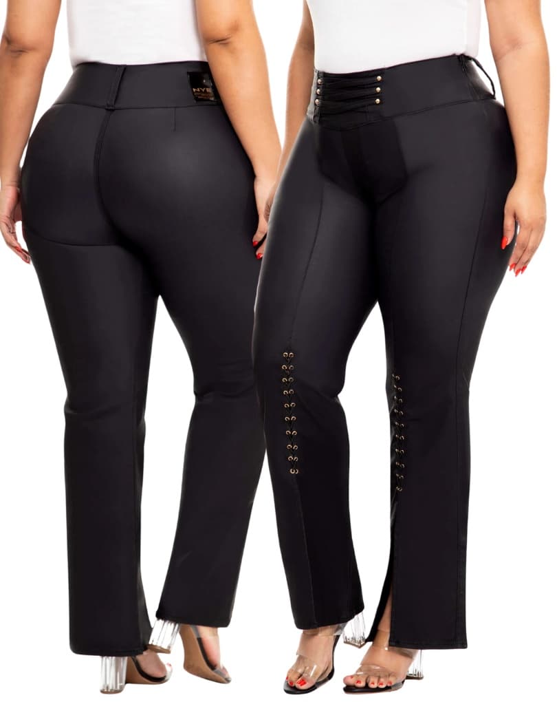 PANTALÓN DAMA PLUS NEGRO POLIPIEL ACAMPANADO NYE 64350