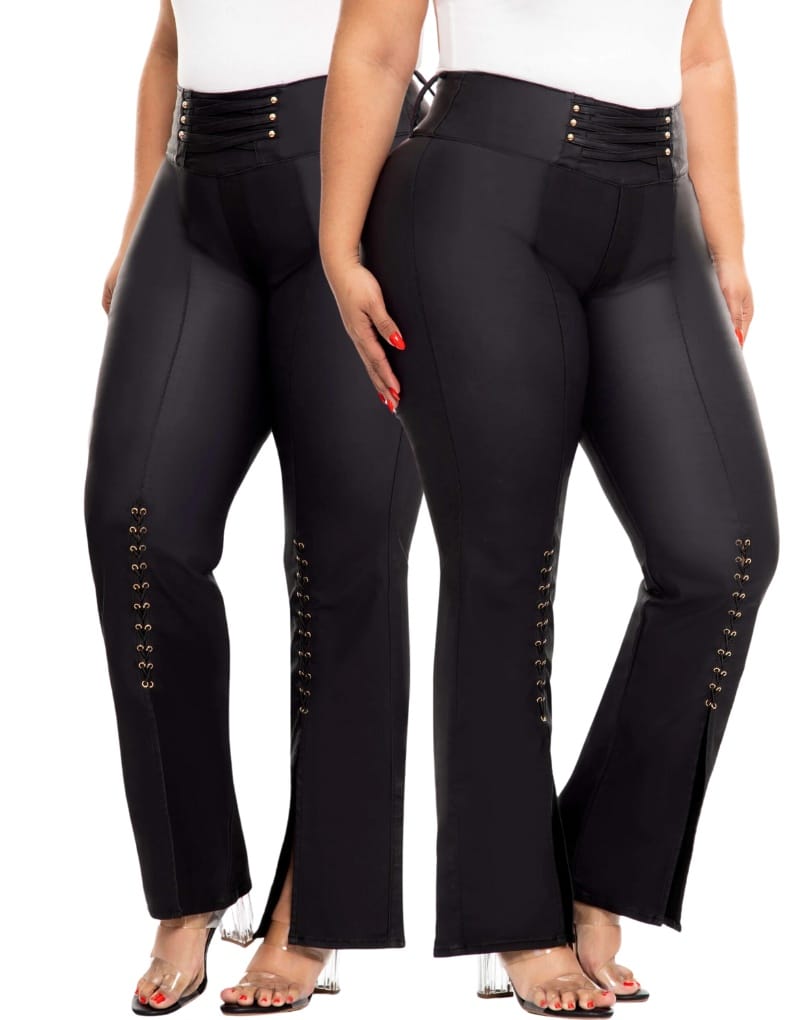 PANTALÓN DAMA PLUS NEGRO POLIPIEL ACAMPANADO NYE 64350 - Imagen 3