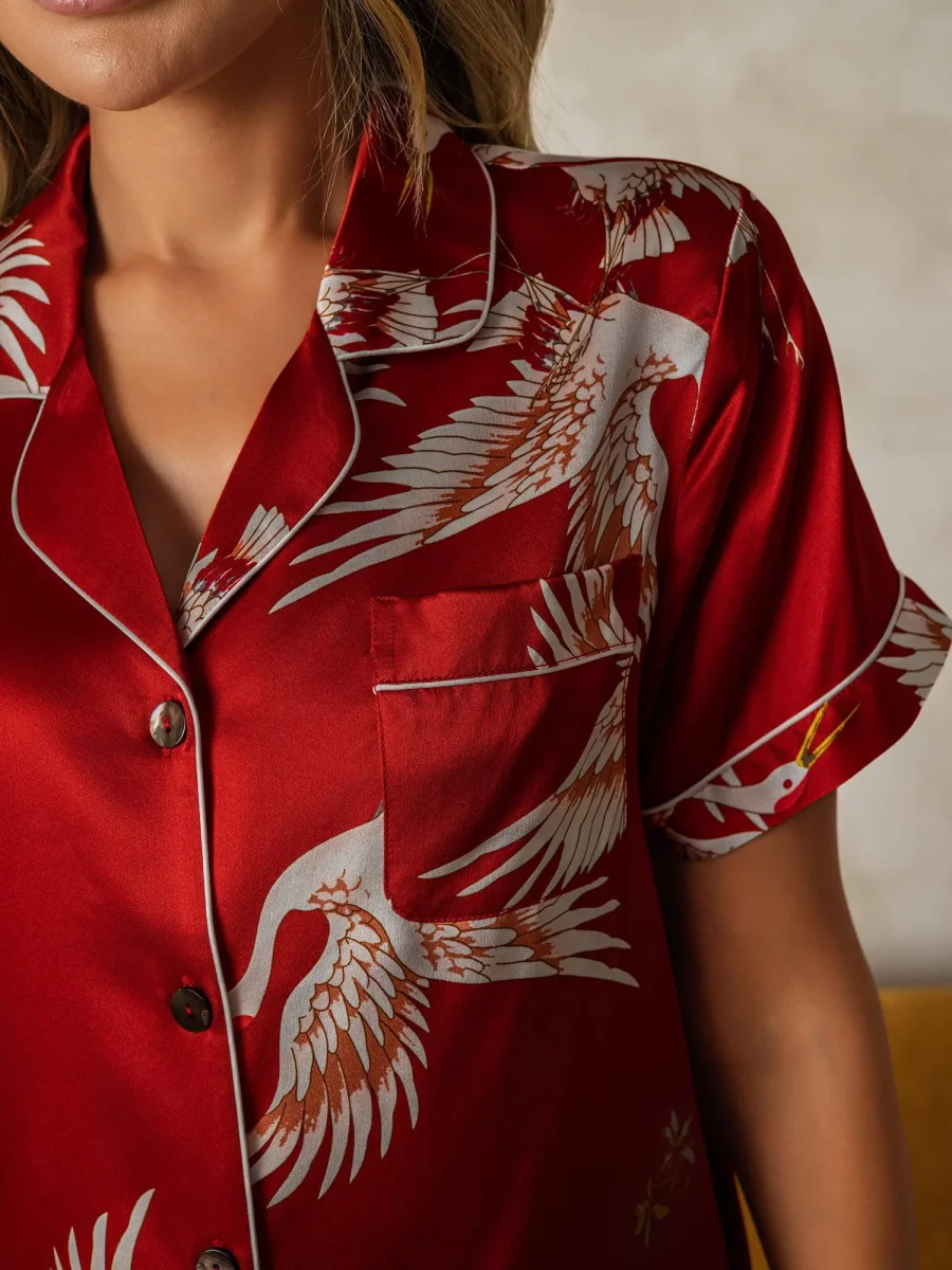 19Momme Conjunto De Pijama Para Mujer En Seda Pura Manga Corta Estampado De Grulla - Imagen 5