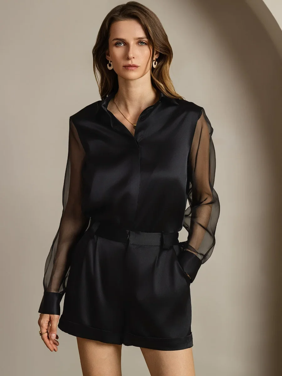 19Momme Seda Militar Cuello Transparentes Mangas Detalles Blusas - Imagen 6