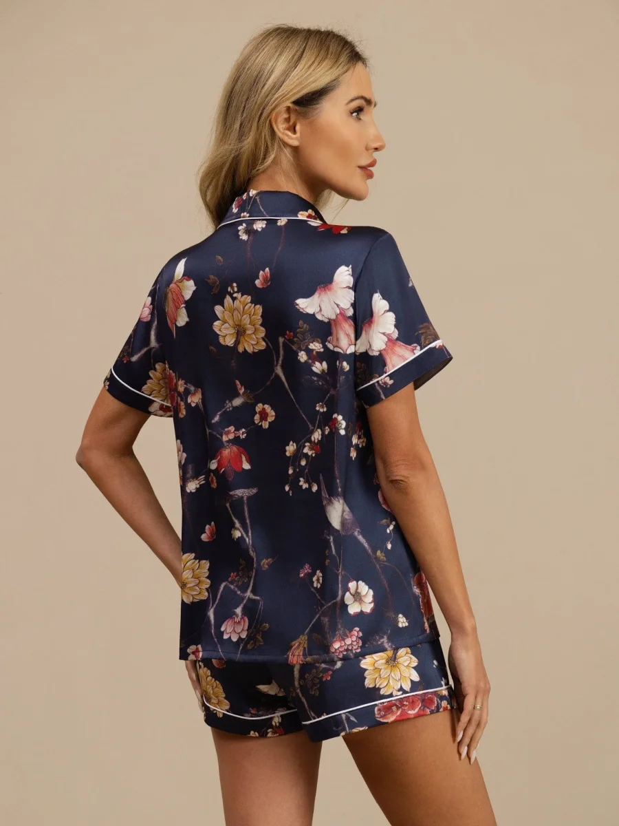 Conjunto De Pijama Mujer De Seda 19 Momme Azul Marino Con Estampado Floral Manga Corta Cuello Con Solapa Con Botones - Imagen 3