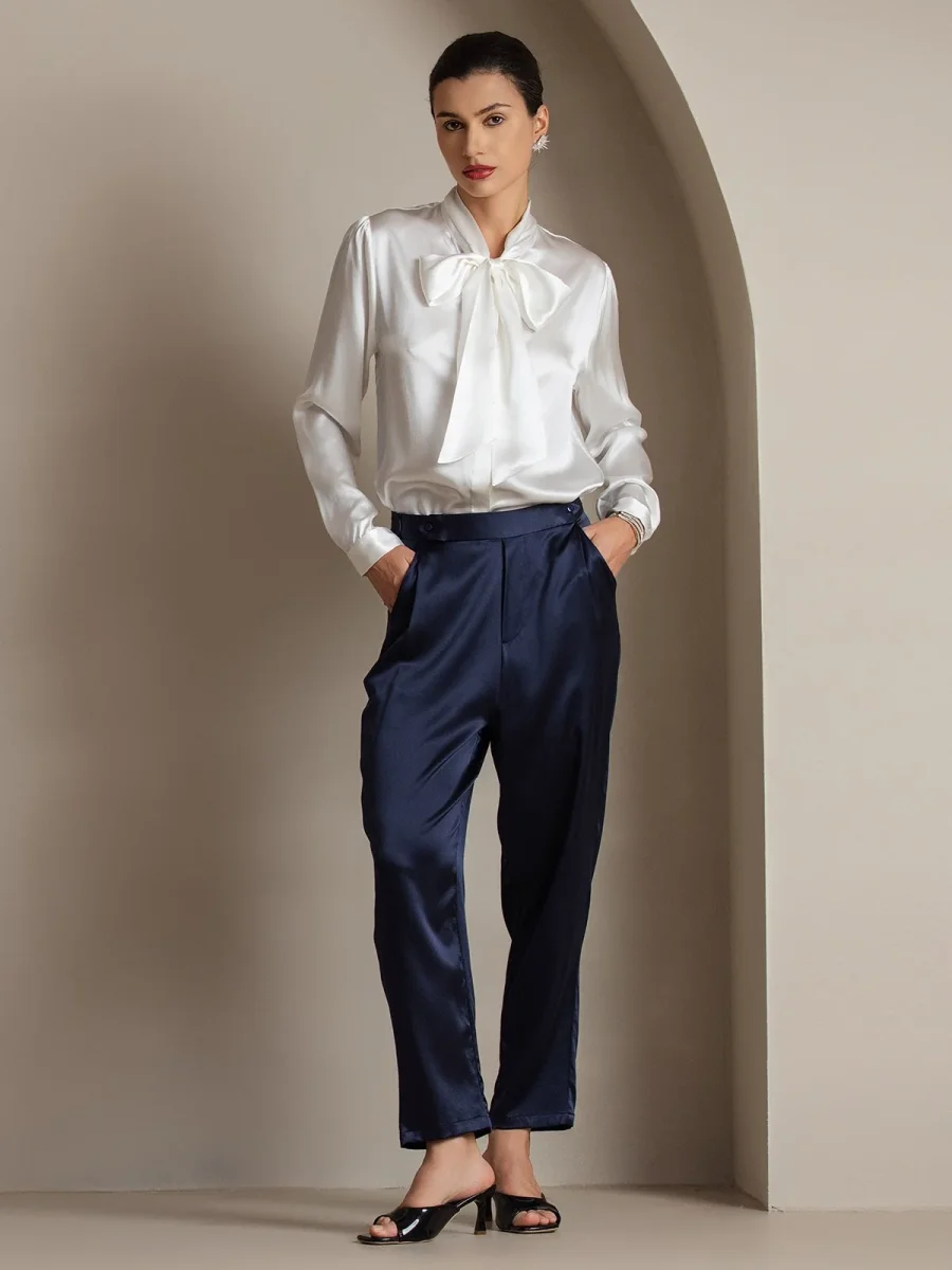 19 Momme Camisa Elegante de Seda con Cuello Lazo y Manga Larga - Imagen 7