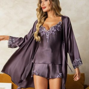 Elegante Bata Y Conjunto De Tirantes En Seda Pura Con Encaje 3 Piezas