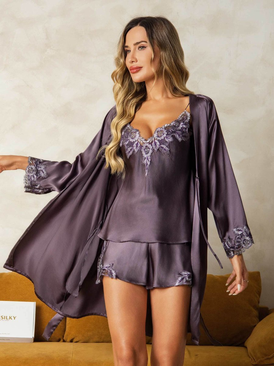 Elegante Bata Y Conjunto De Tirantes En Seda Pura Con Encaje 3 Piezas - Imagen 2