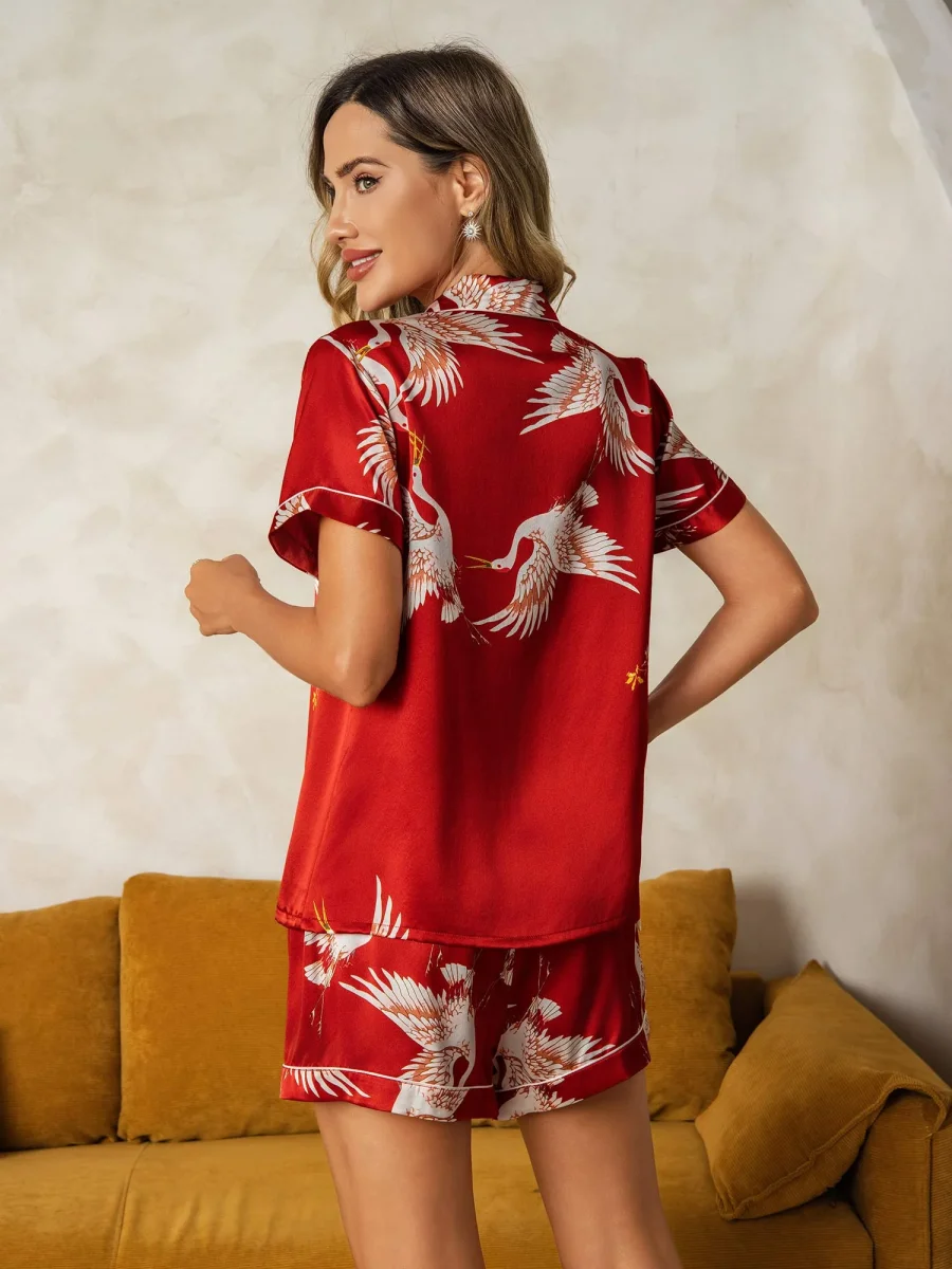 19Momme Conjunto De Pijama Para Mujer En Seda Pura Manga Corta Estampado De Grulla - Imagen 3