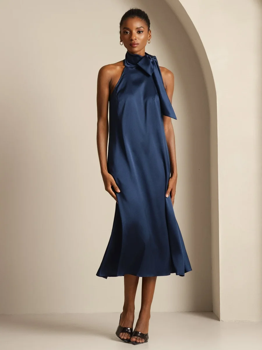 19Momme Seda Cuello Atado Vestido - Imagen 2