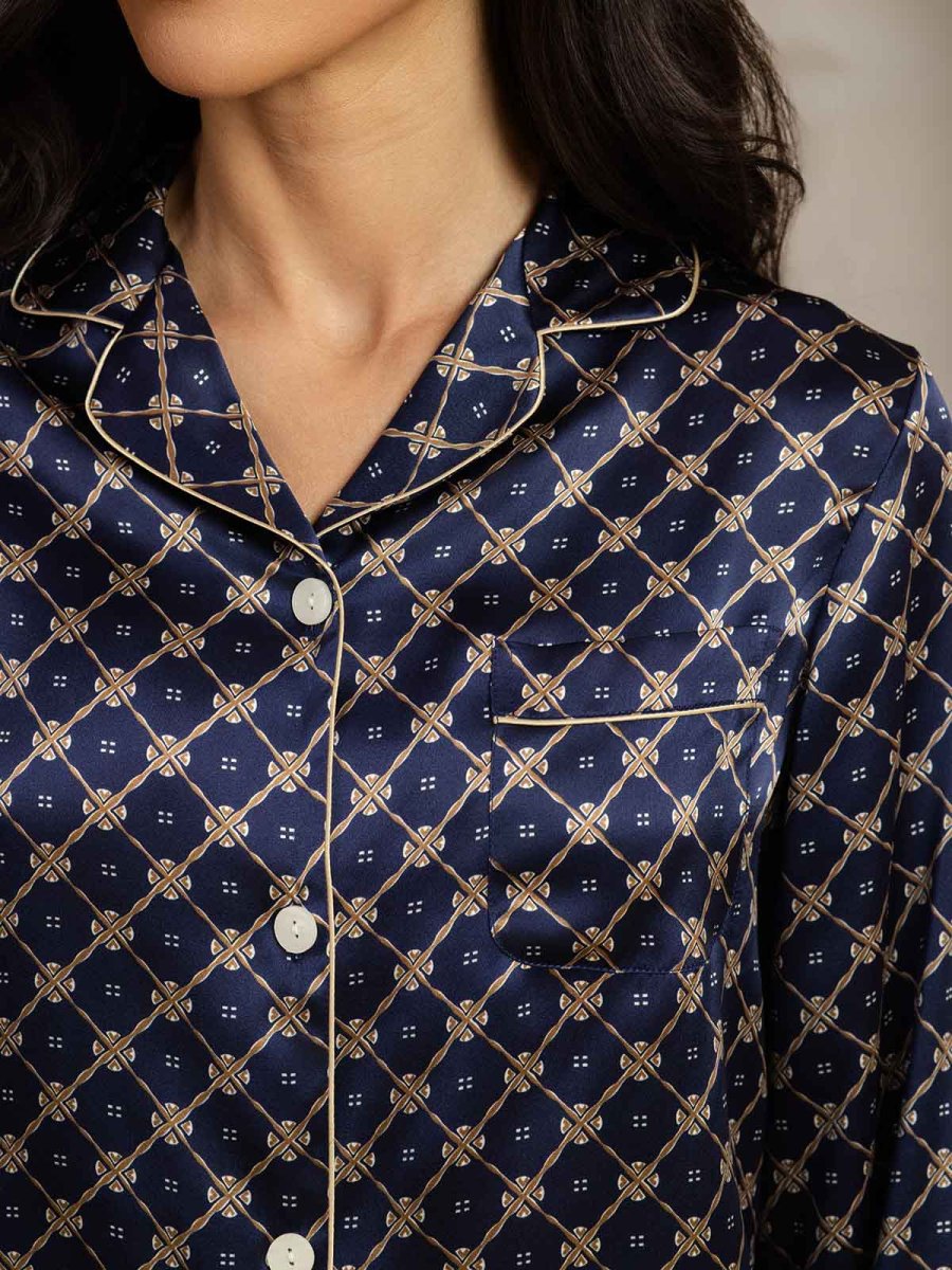 Conjunto De Pijama De Seda Pura Para Mujer Con Estampado De Cadena Marino, Manga Larga Y Cuello Con Solapas - Imagen 7