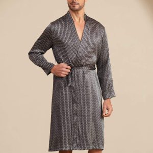 Bata De Hombre De Seda Pura Hasta La Rodilla Con Estampado De Ginkgo Y Cinturón Diseño