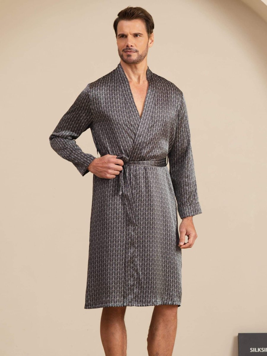 Bata De Hombre De Seda Pura Hasta La Rodilla Con Estampado De Ginkgo Y Cinturón Diseño