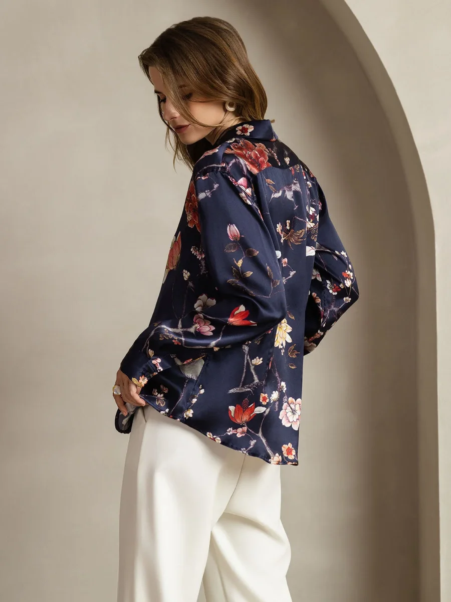 Camisa De Seda 19Momme Mujer Con Estampado Floral Marino Manga Larga Y Cuello Con Solapa - Imagen 3